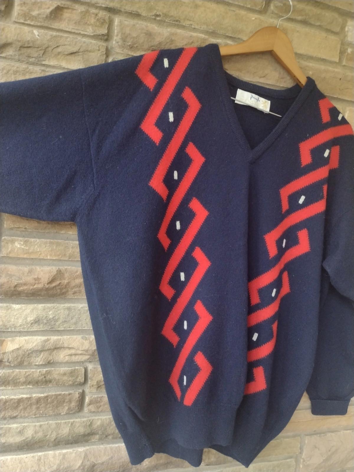 Vintage Pringle Sports Wool Sweater XL Navy Red Geometric Made in Scotland