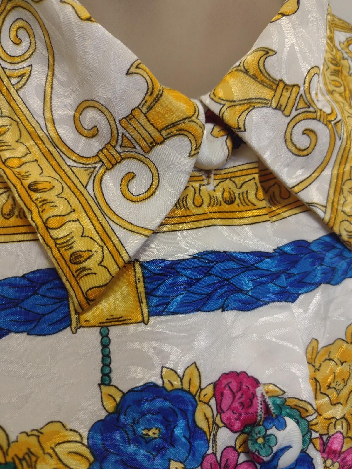 Pierre Cardin Baroque Satin Shirt L Gold Floral Scroll Vintage Luxe 80s