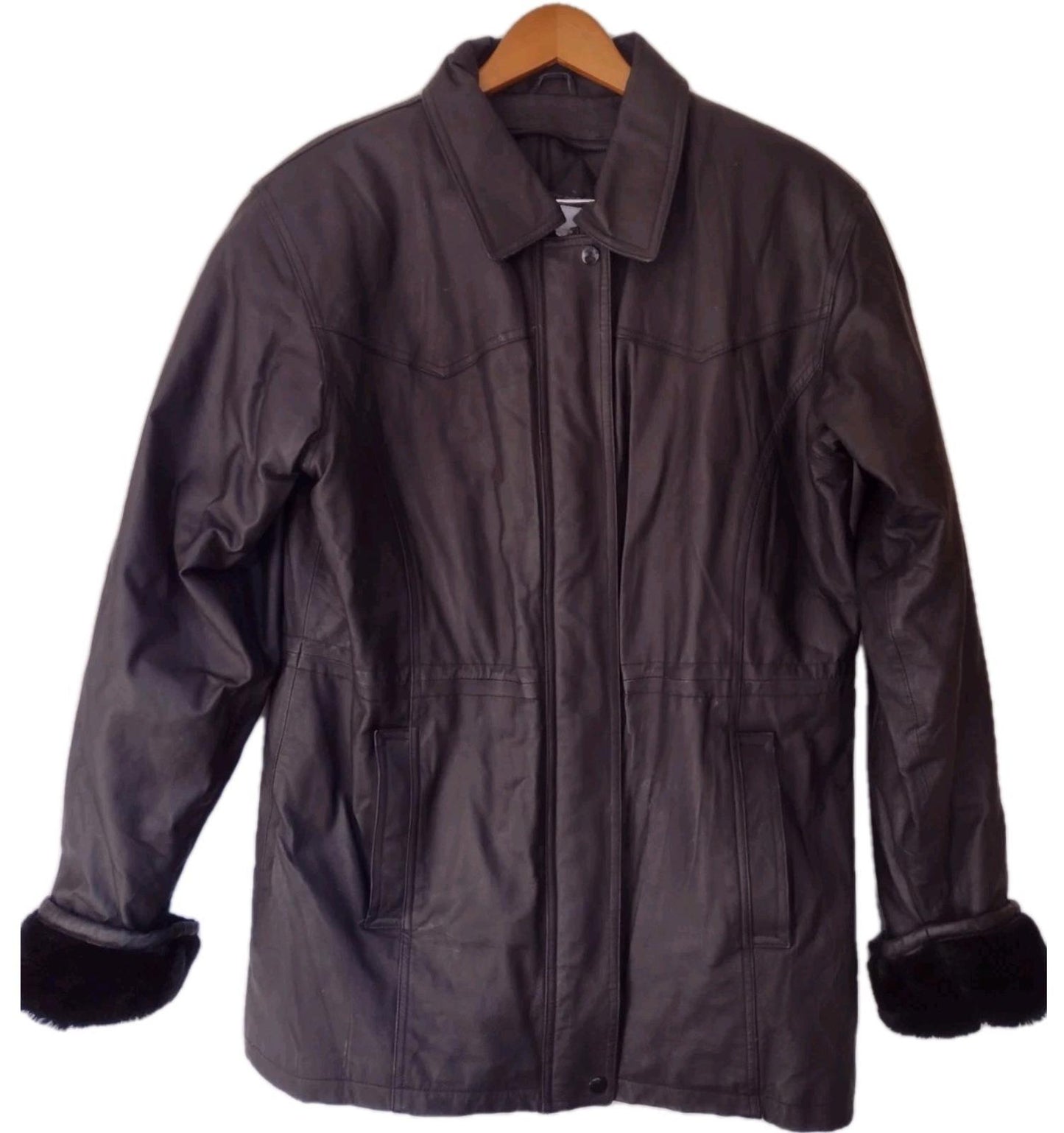 Vintage Etienne L Black Leather Jacket Quilted Lining Brass Zip Faux Fur Cuffs