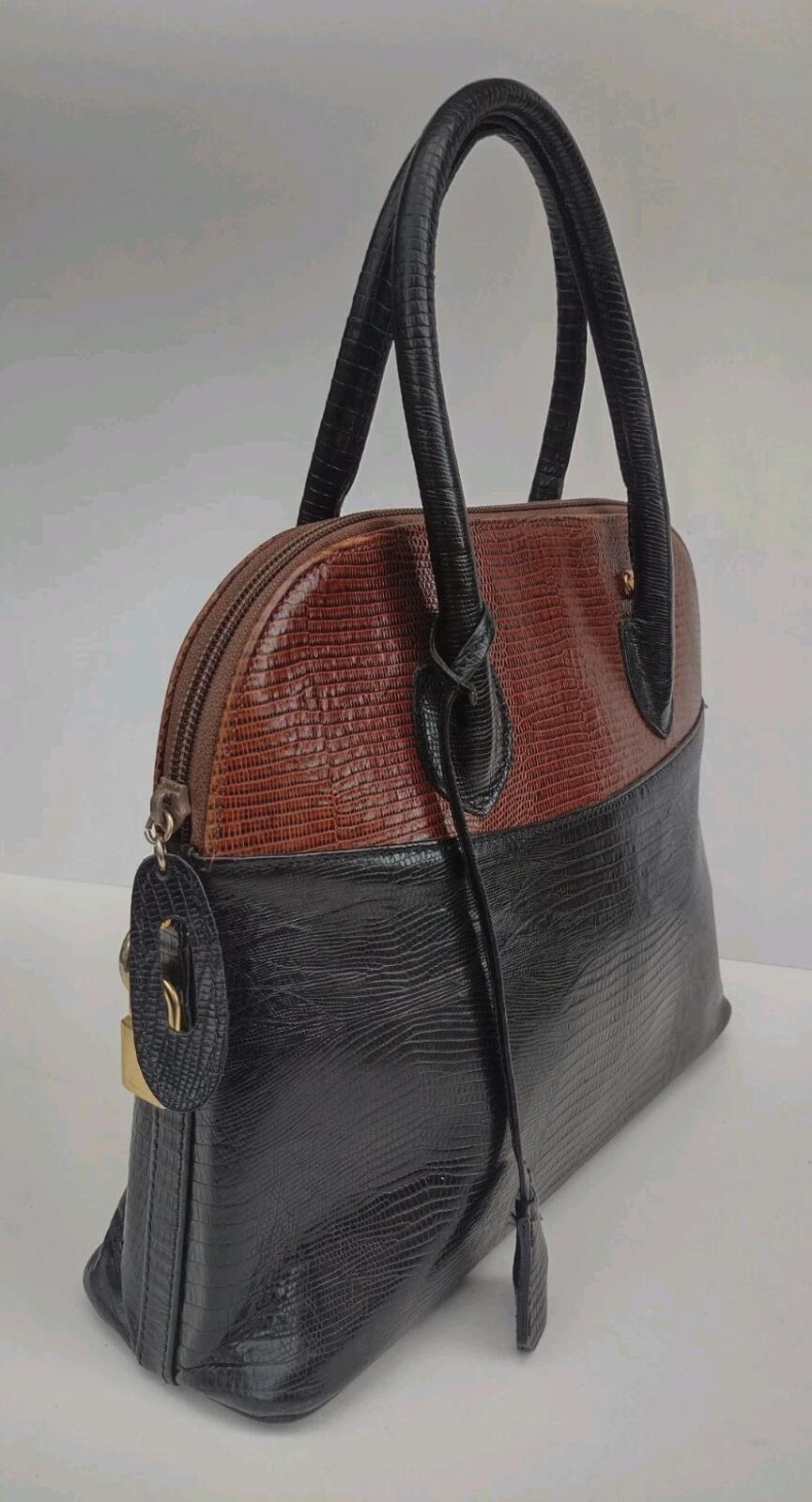 VTG 60s Zenith Canada Embossed Leather Lizard Look Handbag Black Brown Purse