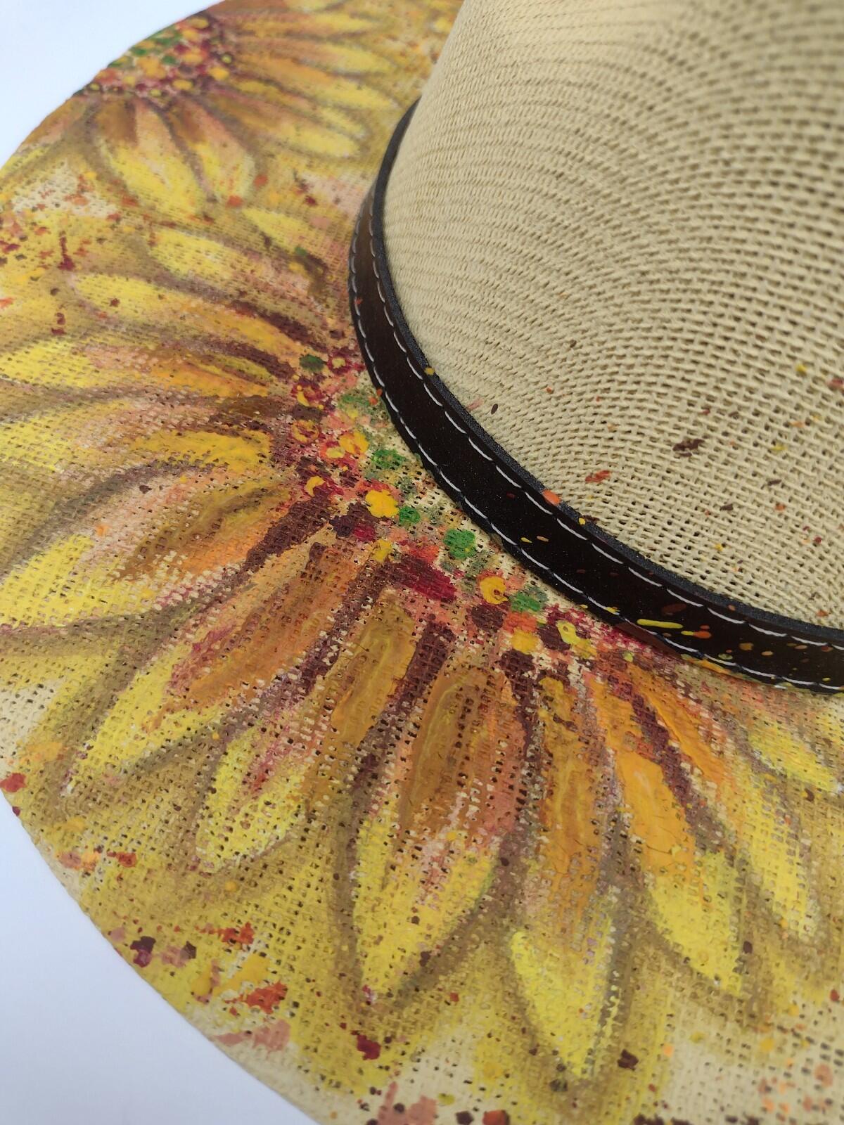 VTG Hand Painted Sunflower Mexican Straw Hat Leather Band Boho Western Ranch M