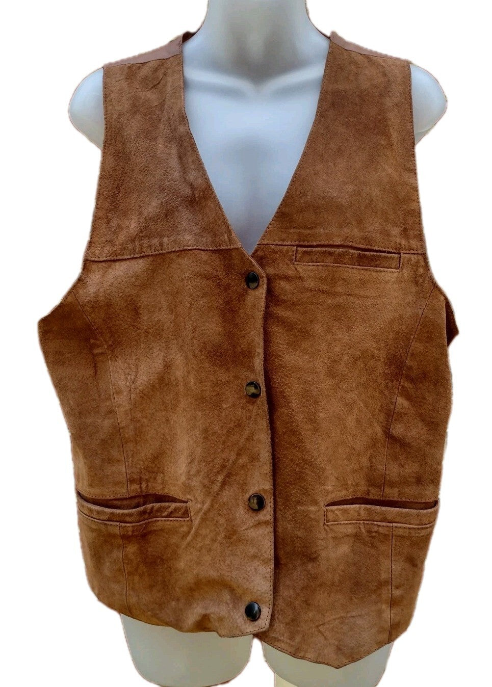 Shebang Suede Leather Vest Vintage 90s Women XL Cognac Brown Western Boho