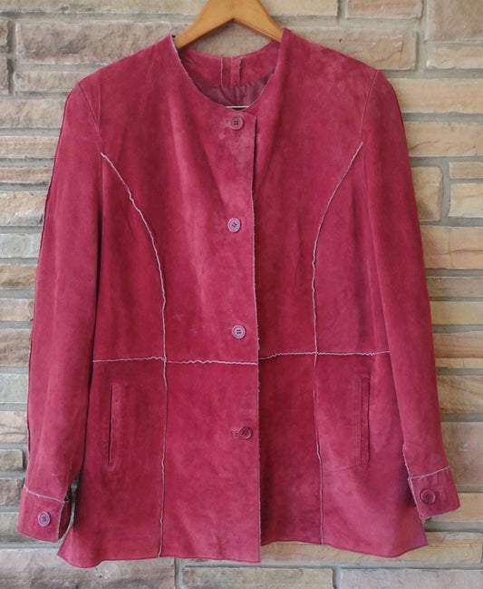 Vintage 90s Dark Red Suede Leather Patchwork Jacket L Boho Raw Edge Excellent