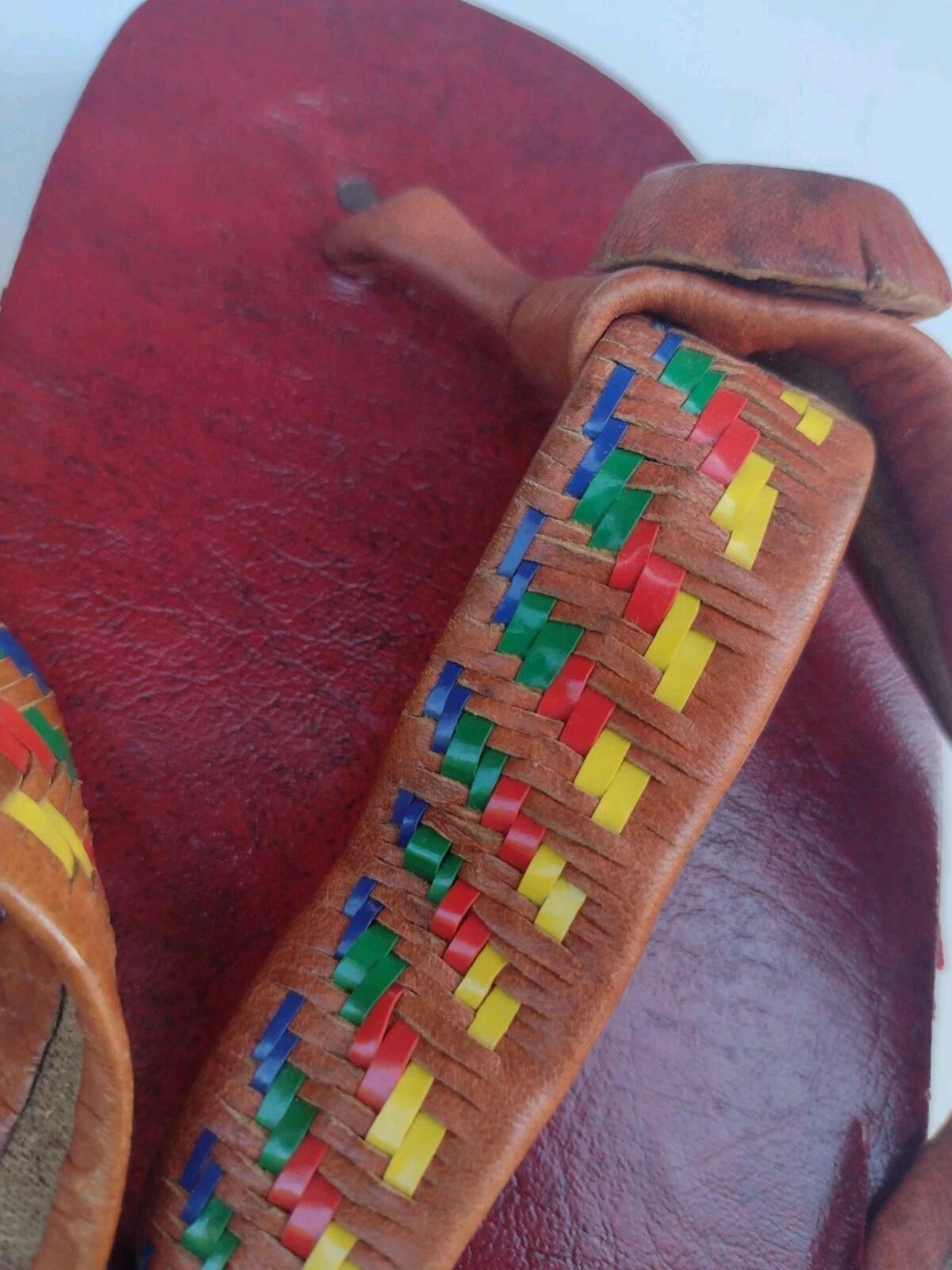 VTG 70s Handmade Indian Leather Sandals Boho Festival Woven Artisan Flip Flops 9
