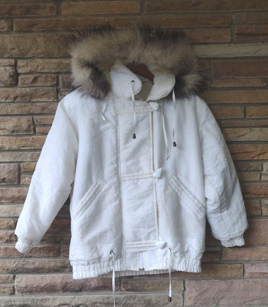 90s Izzi Off White Parka Jacket Genuine Fox Fur Hood Crinkle Nylon Toggle Zip S