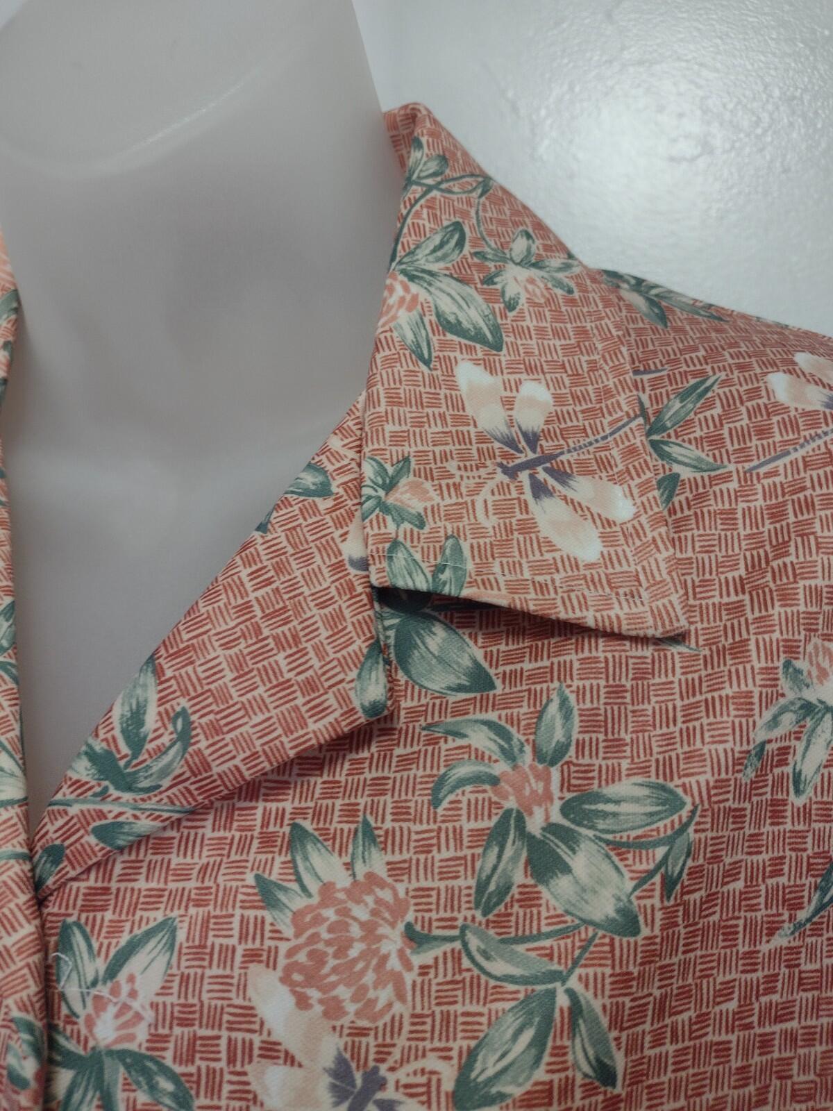 VTG 70s Fire Islander Floral Blouse 11/12 Coral Green Taiwan ROC Button Front