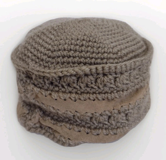Vintage 70s Handmade Crocheted Suede Trim Cap Boho Hippie Folk Cottagecore Hat