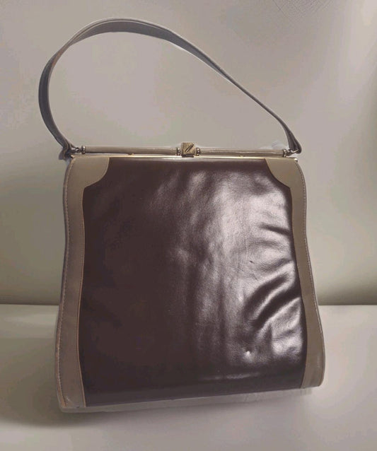 Vintage Johansen Two Tone Leather Frame Bag Brass Feet Top Handle 1950s Brown