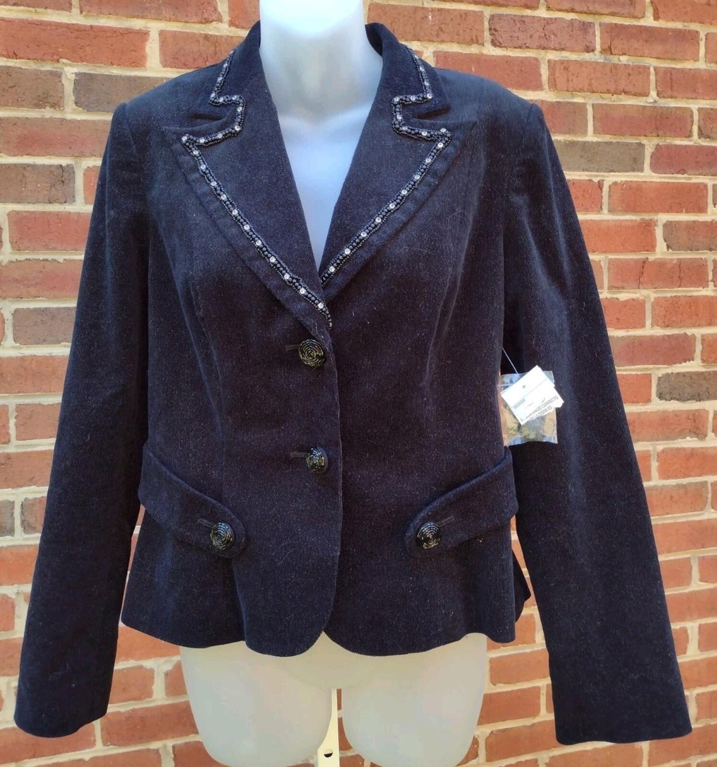 NWT Y2K Bisou Bisou Black Glitter Corduroy Beaded Sequin Lace Back Jacket Sz M