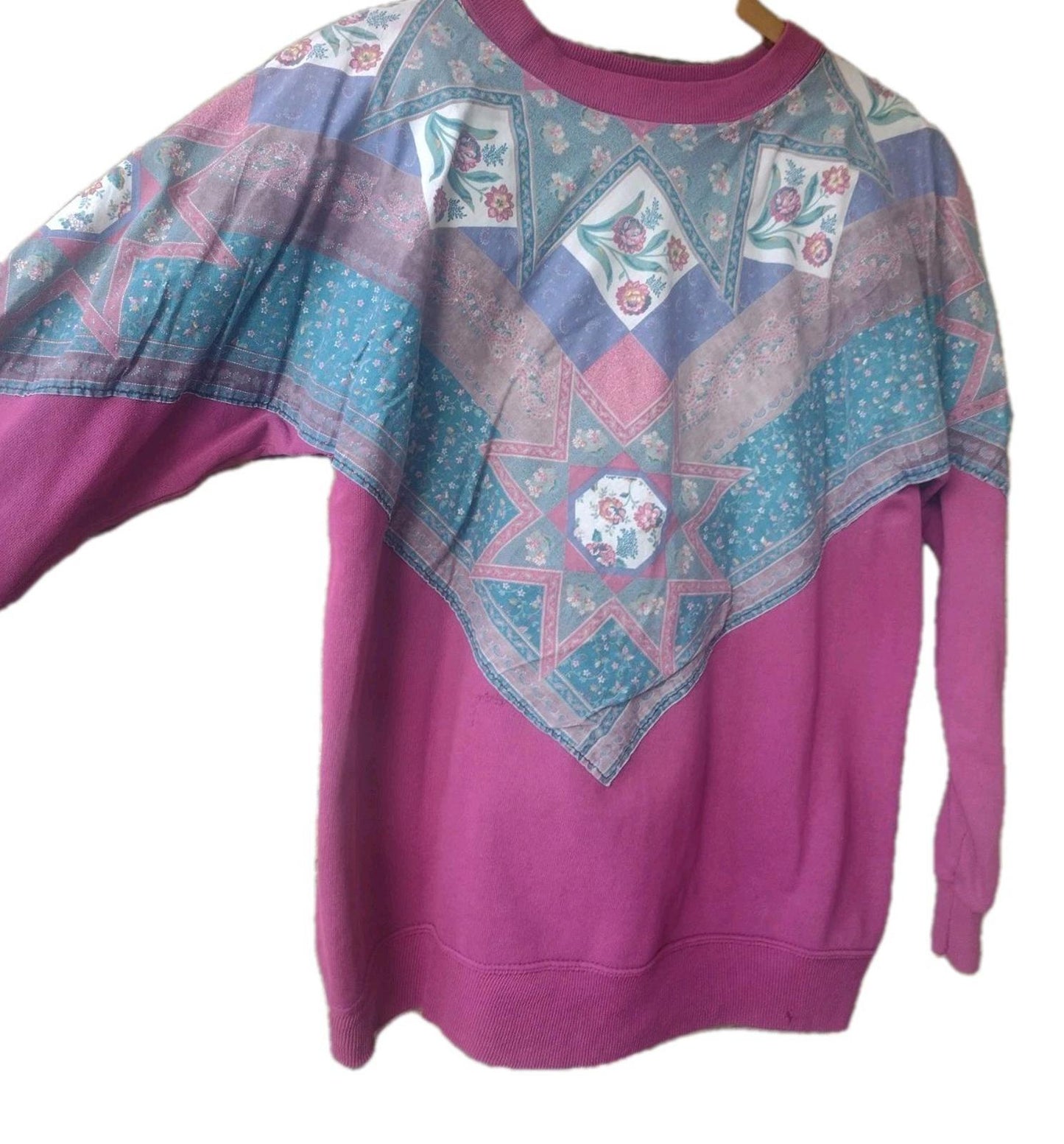 Vintage 80s Hanes USA Quilt Panel Sweatshirt L Handmade Patchwork Print