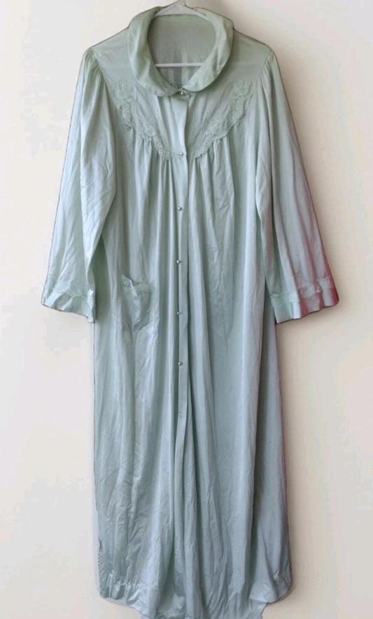 VTG 60s Shadowline Mint Green Nylon Lace Robe XL Full Button Pearl Trim Pocket