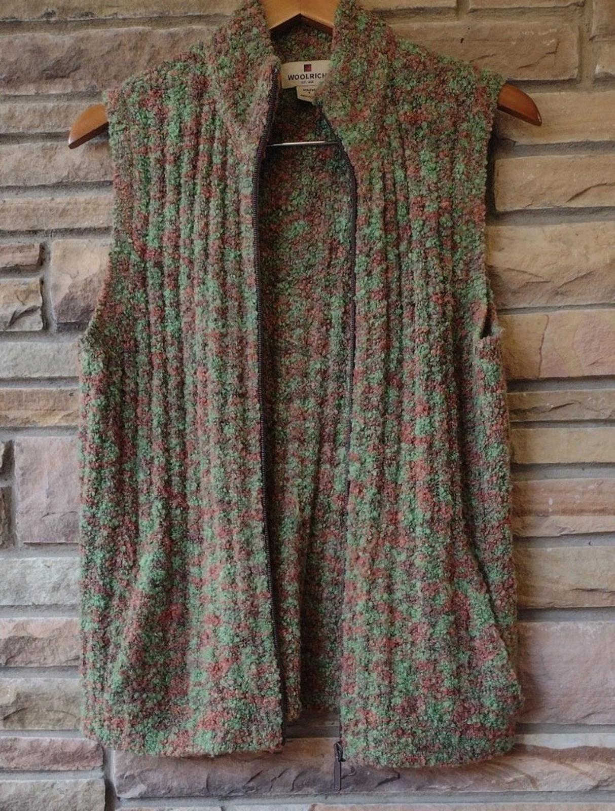 Woolrich Sweater Vest Popcorn Knit Boucle Women's S Green Brown Zip Wool Blend