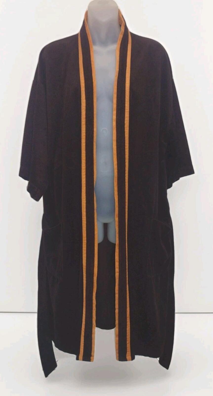 Vintage 70s Swinger Velour Robe Brown Tan Trim Belted OSFA 80s Lounge Wear