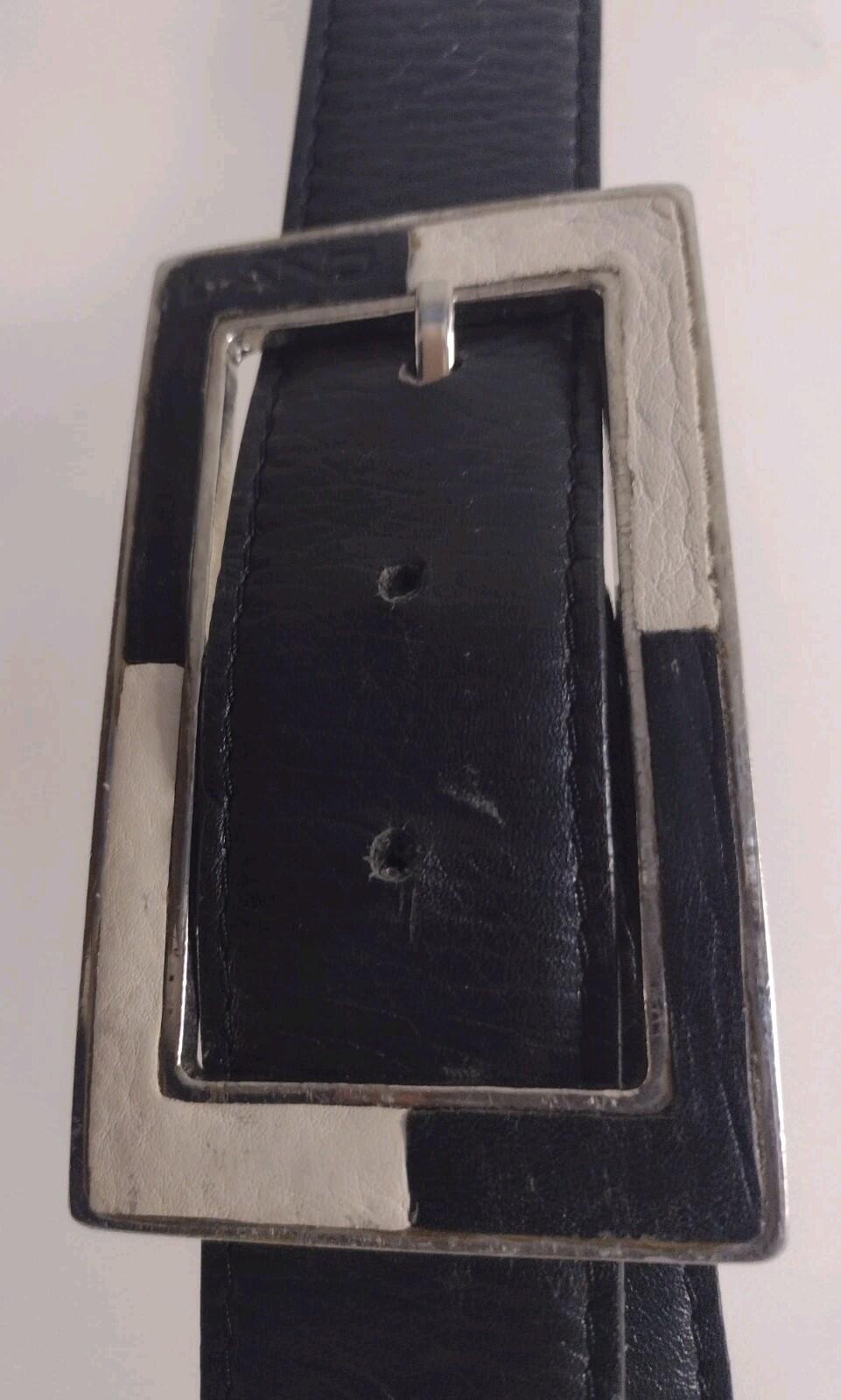 Vintage 70s LAND Leather Belt Black Soft Leather Silver Buckle Logo 32–36 In