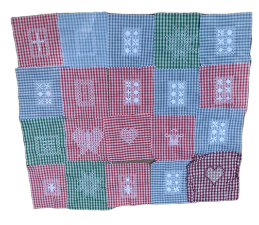 20 Vintage Chicken Scratch Gingham Quilt Blocks Hand Embroidered Folk Art