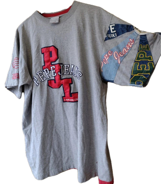 Y2K VTG Pepe Jeans Patchwork 30 Years Shirt XL Gray Denim Applique 73 Back