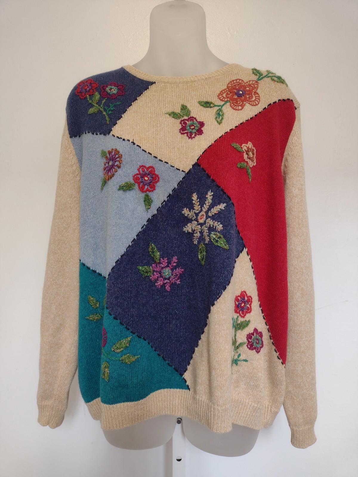VTH 90s Y2K Size XL Embellished Embroidered Floral Long Sleeve Ramie Sweater