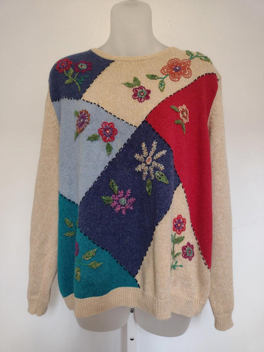 VTH 90s Y2K Size XL Embellished Embroidered Floral Long Sleeve Ramie Sweater