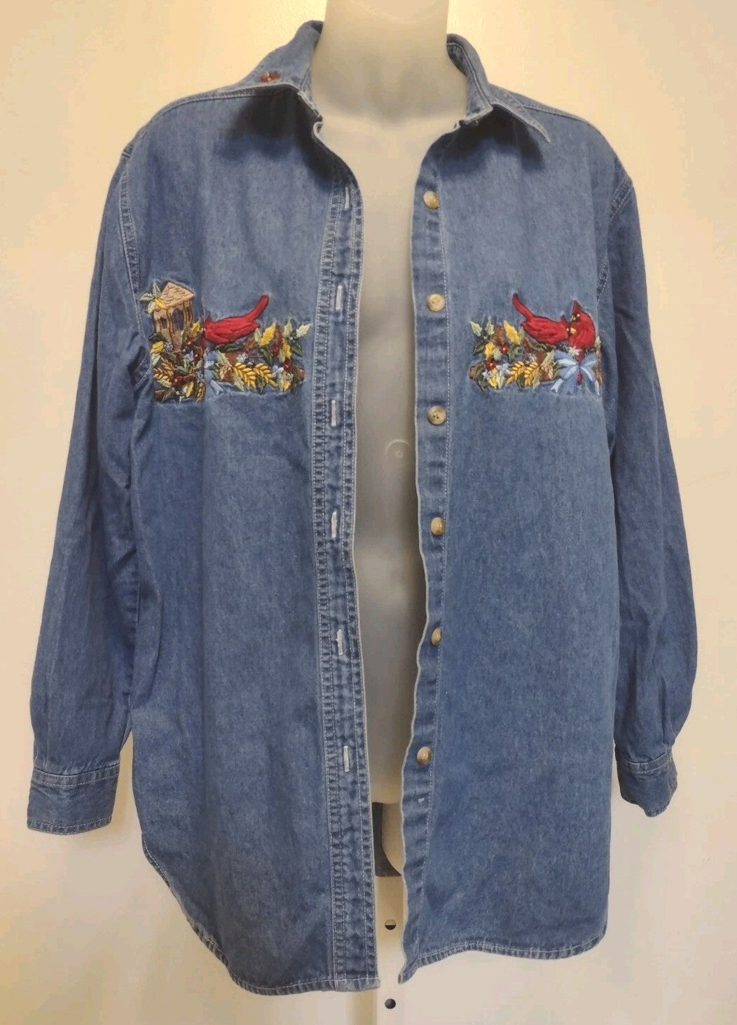 Vintage Denim Shirt Embroidered Cardinals Birdhouse Cotton Button Up Women's L
