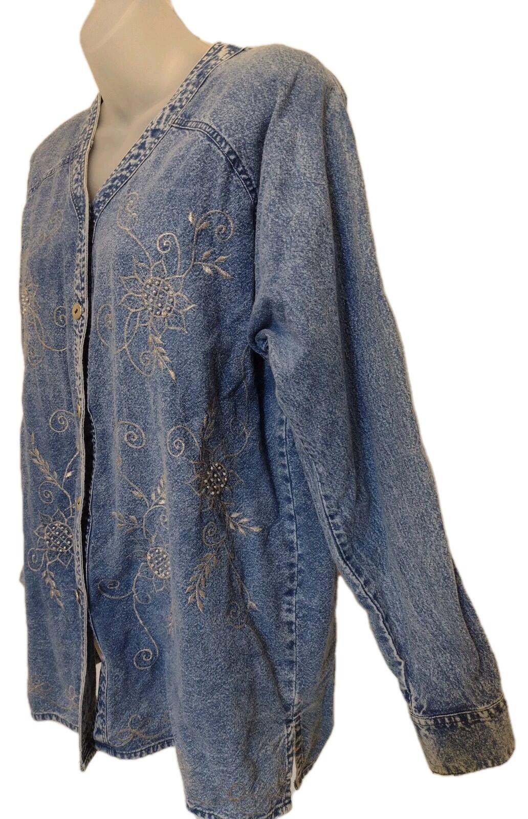 Vintage Embroidered Beaded Denim Blouse L Collarless Acid Wash 80s 90s Thailand