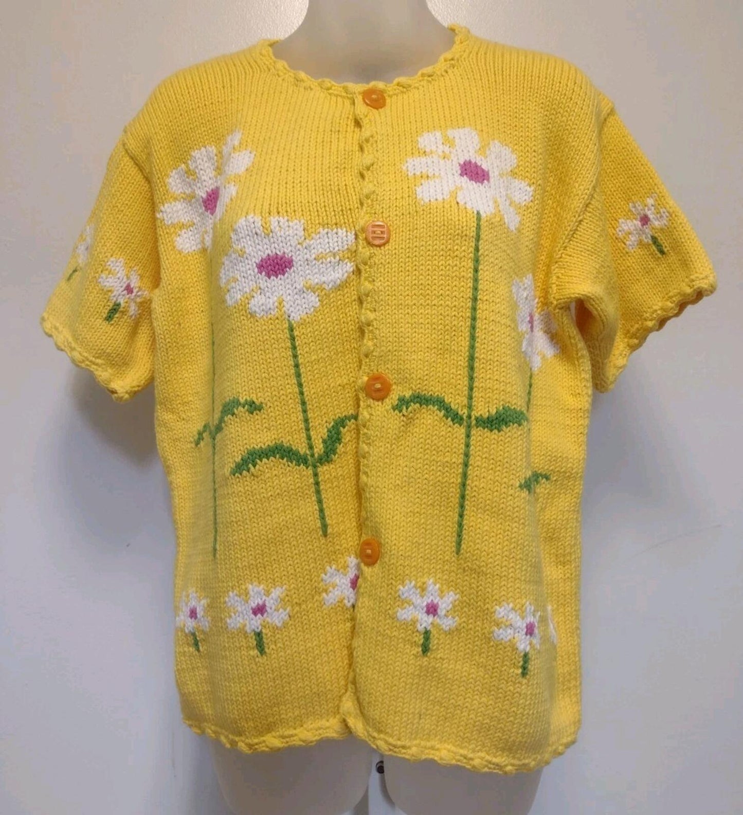 Rey Wear Hand Knit Bolivia Cotton Daisy Cardigan M Popcorn Stitch Yellow