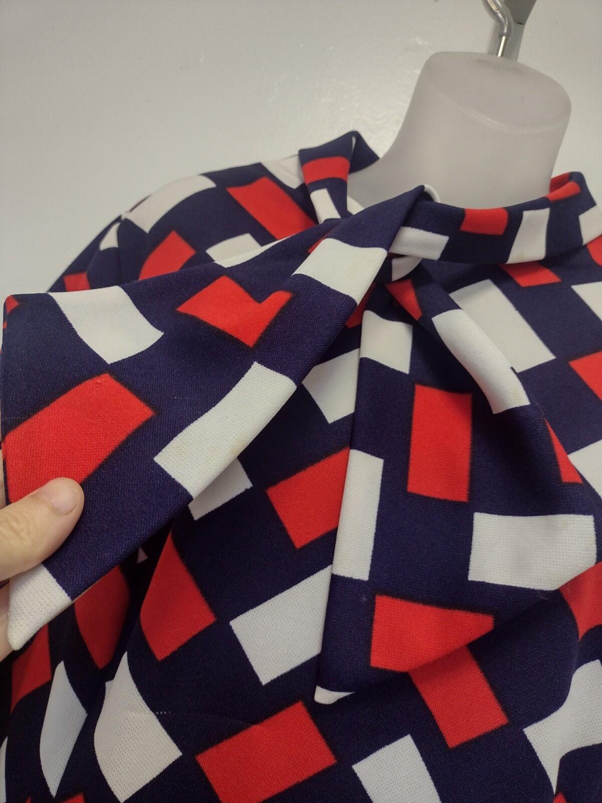 VTG 70s Gracie Square Geo Print Polyester Dress XL Tie Neck