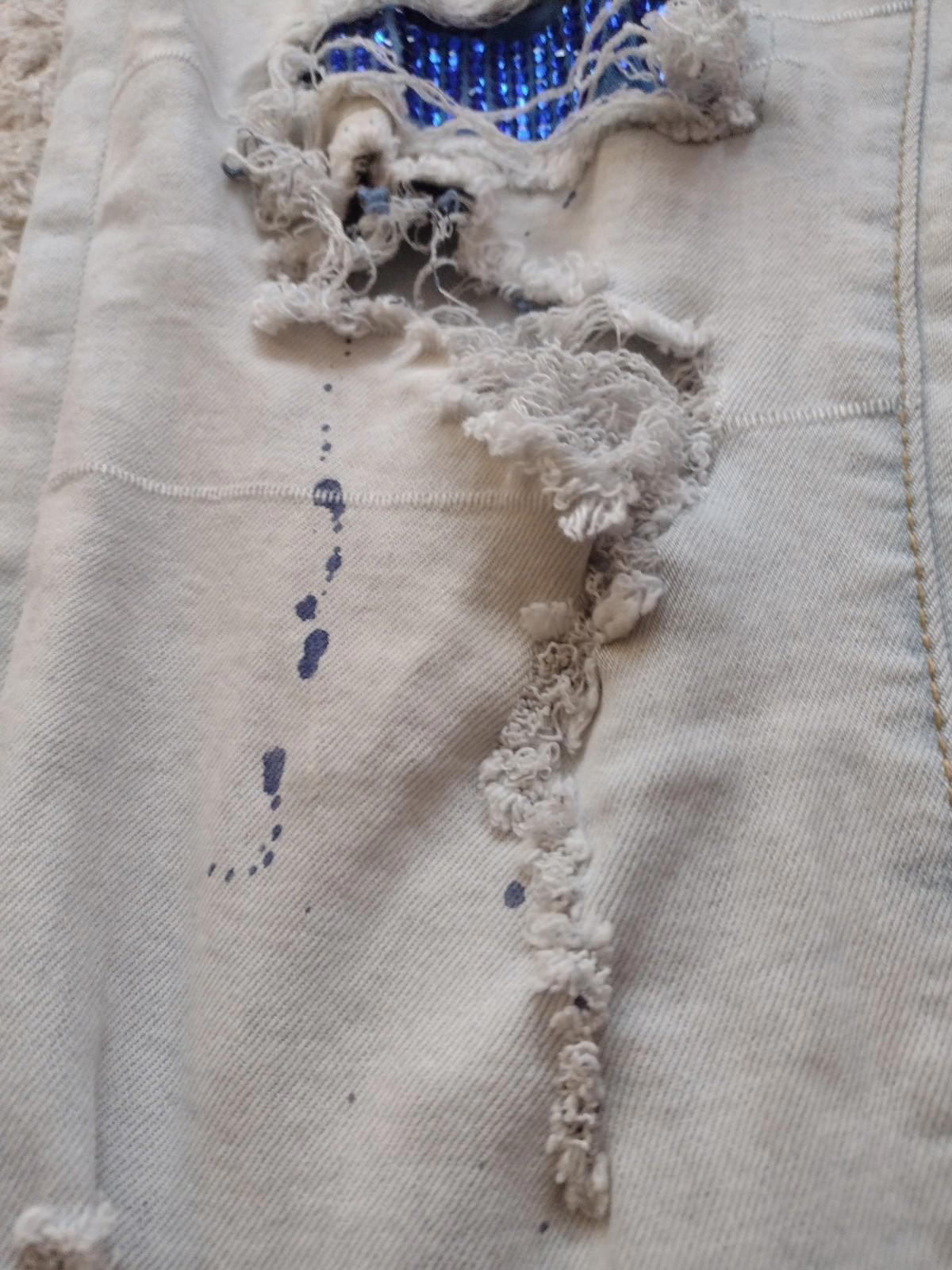 DNA Premium Skinny Jeans Distressed  Paint Spatter, Blue & Clear Rhinestones 30