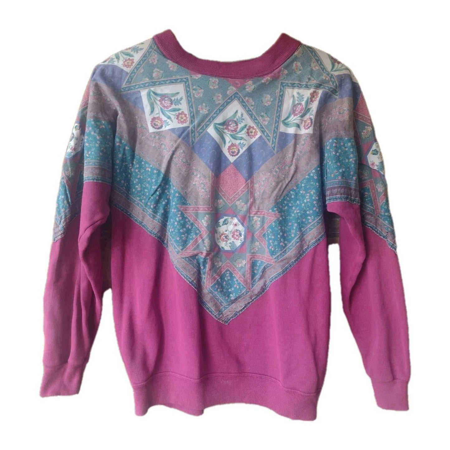 Vintage 80s Hanes USA Quilt Panel Sweatshirt L Handmade Patchwork Print