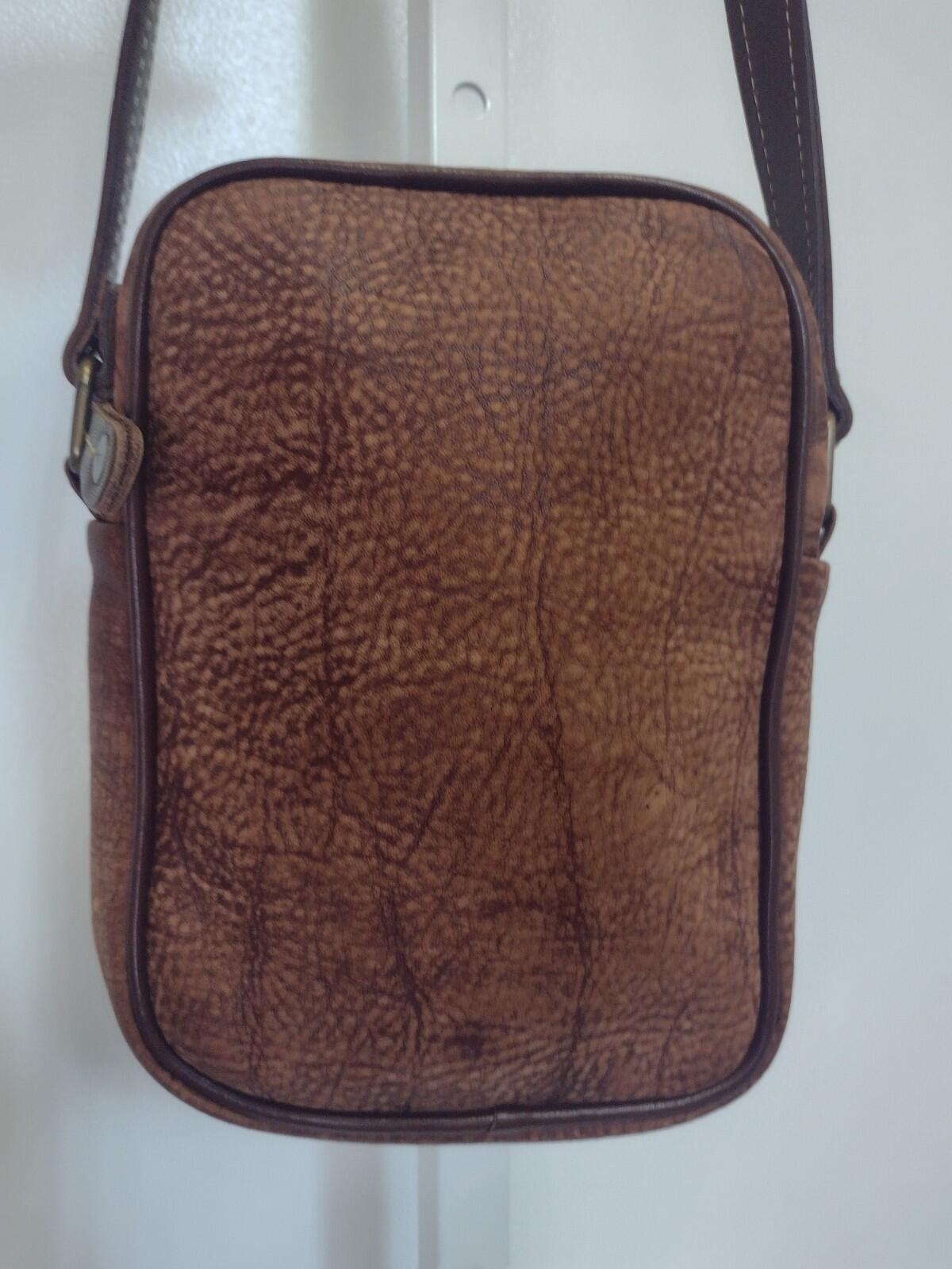 Vintage 80s Bacare Nubuck Leather Crossbody Bag Argentina Brown Brass 7x9x2