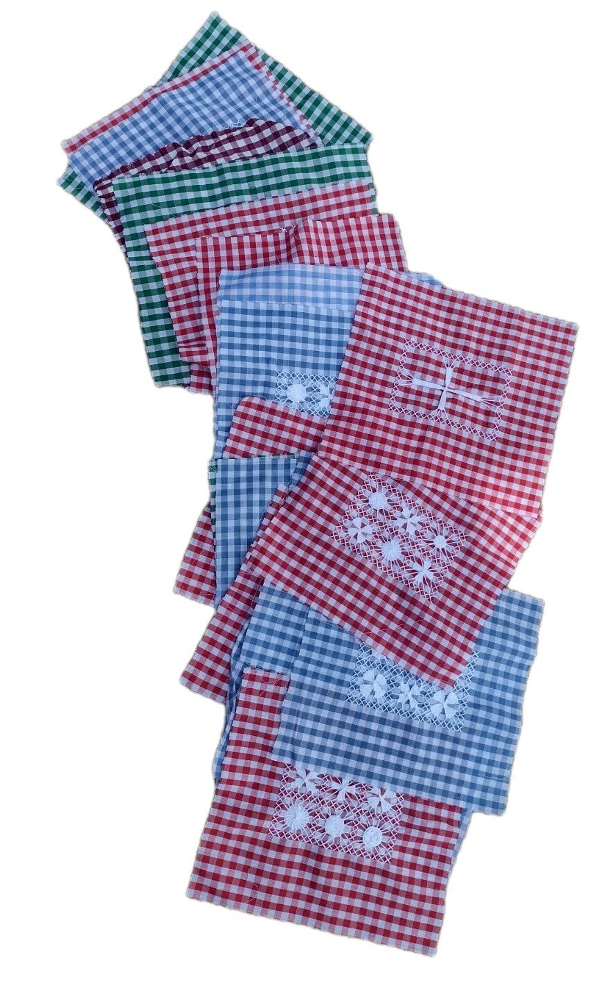 20 Vintage Chicken Scratch Gingham Quilt Blocks Hand Embroidered Folk Art