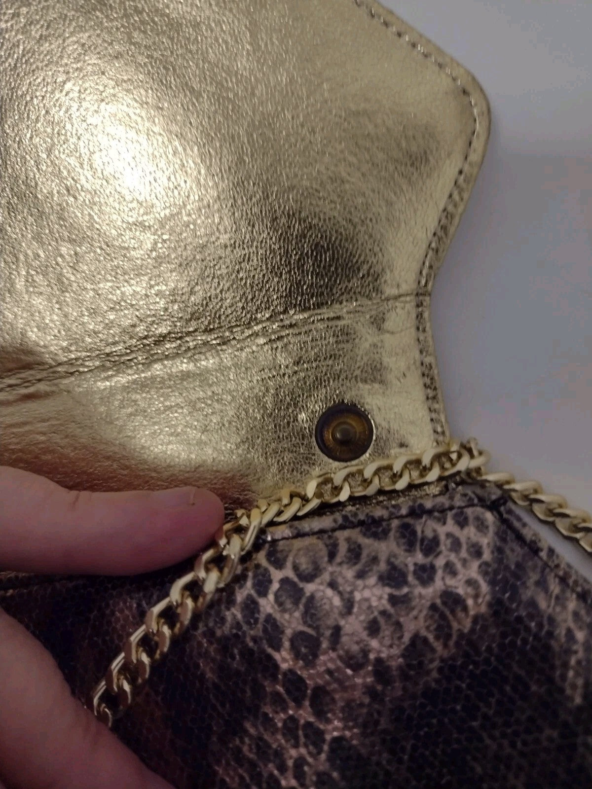 Vintage Timothy Hitsman Spain Metallic Snakeskin Envelope Clutch Chain Purse Bag