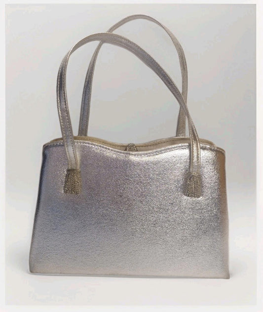 VTG 50s Silver Metallic Frame Bag HL USA Faux Leather Rope Clasp Tassel Detail