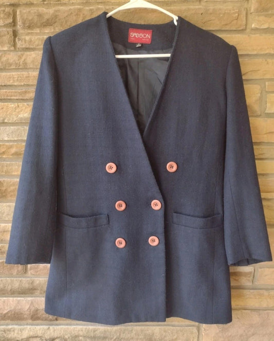Vintage 80s Sasson Navy Wool Blend Double-Breasted Blazer Sz 4 Jacket