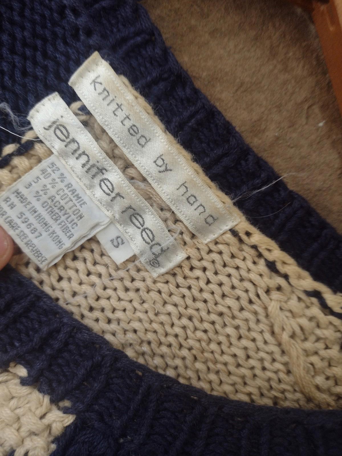 90s Jennifer Reed Hand Knit Floral Sweater Ramie Cotton Navy Oatmeal Oversized S