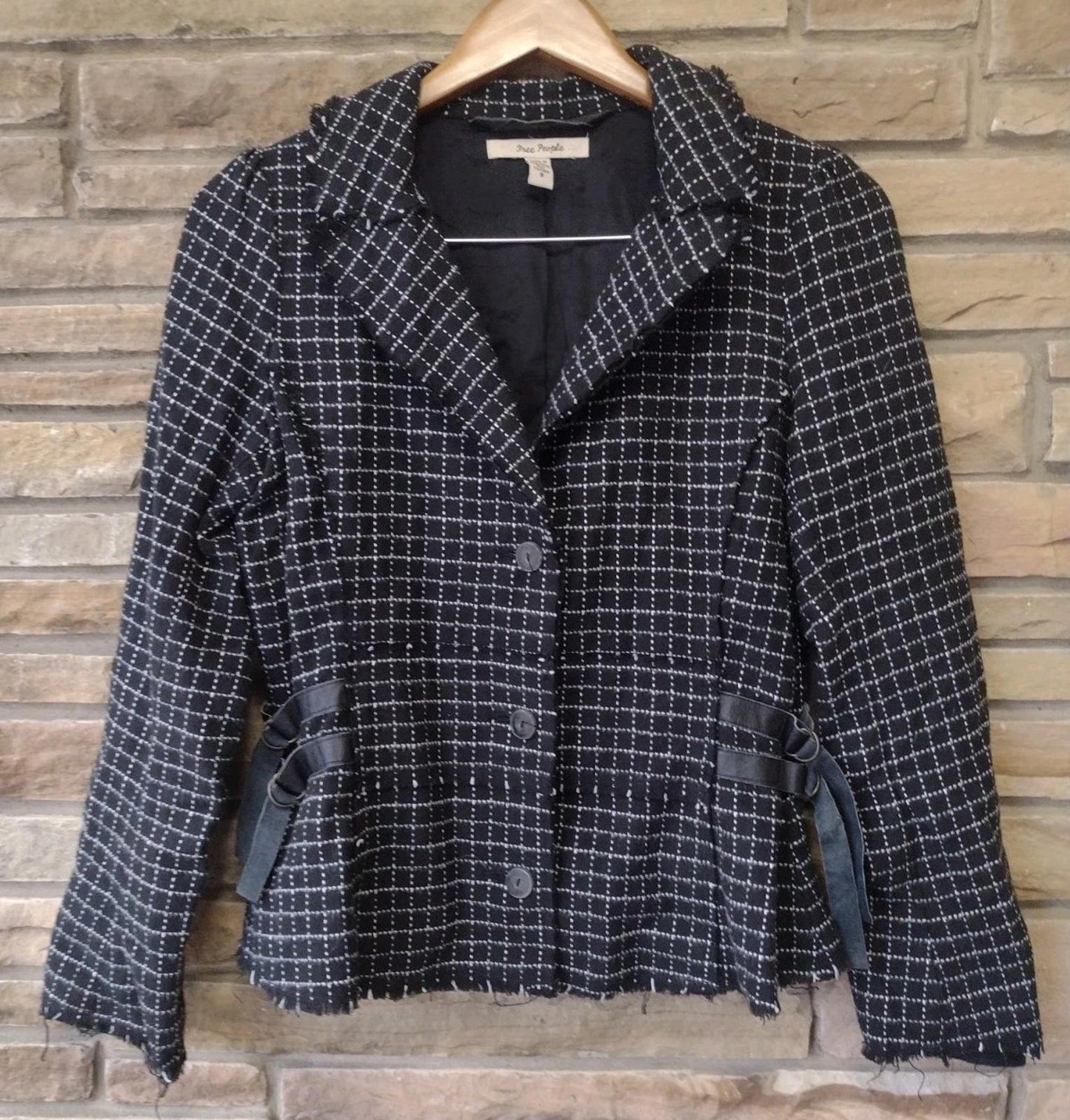 VTG 90s Y2K Free People Grid Tweed Blazer Jacket Size 8 Raw Edges Leather Straps