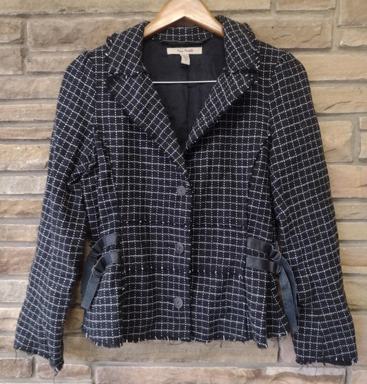 VTG 90s Y2K Free People Grid Tweed Blazer Jacket Size 8 Raw Edges Leather Straps