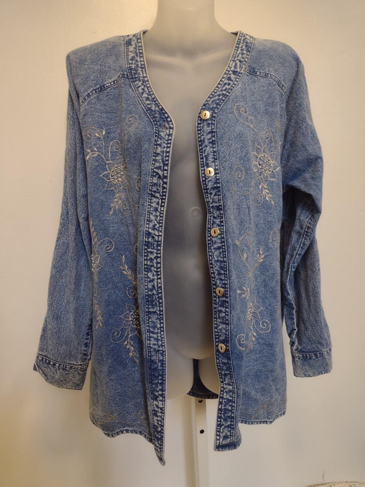 Vintage Embroidered Beaded Denim Blouse L Collarless Acid Wash 80s 90s Thailand