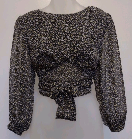 Sky Chance Floral Tie Back Crop Top Sheer Chiffon Cottagecore Coquette Boho S
