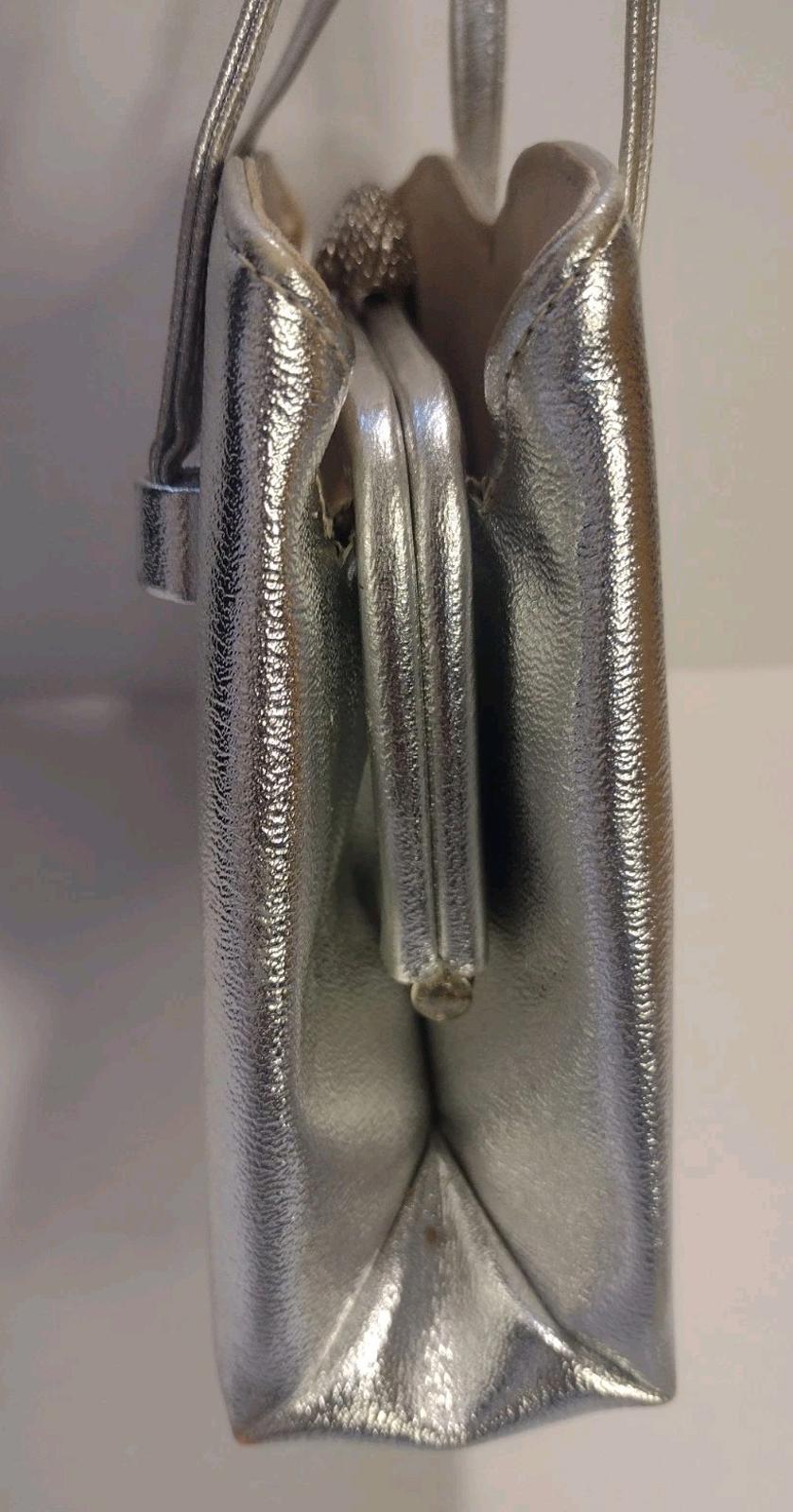 VTG 50s Silver Metallic Frame Bag HL USA Faux Leather Rope Clasp Tassel Detail