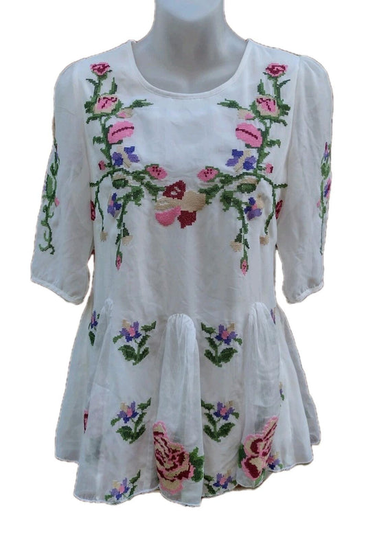 Cross Stitch Coquette Cottagecore Feminine Floral Embroidered Peplum Top XS