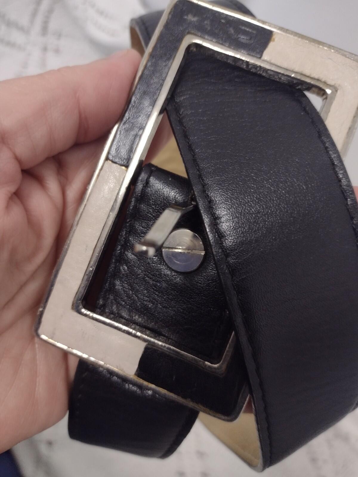 Vintage 70s LAND Leather Belt Black Soft Leather Silver Buckle Logo 32–36 In