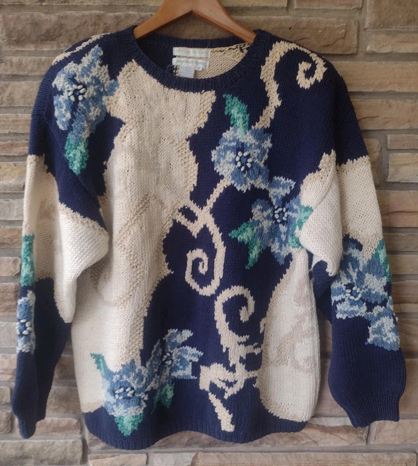 90s Jennifer Reed Hand Knit Floral Sweater Ramie Cotton Navy Oatmeal Oversized S