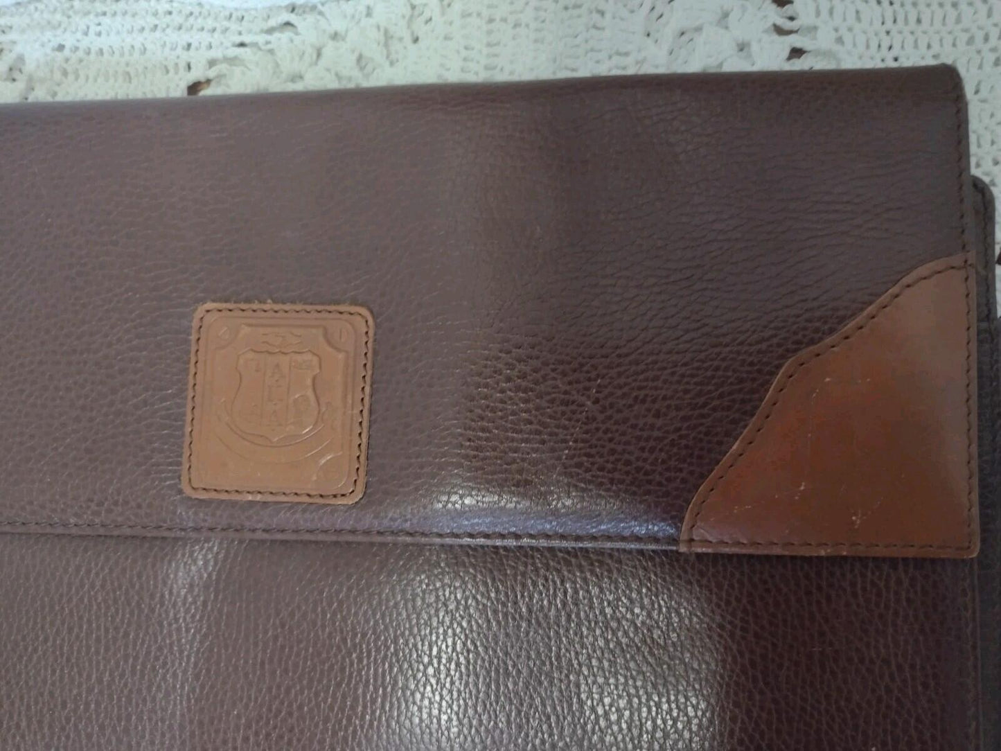 VTG 70s AKA Sorority Leather Folio Portfolio Embossed Shield Brown Document Case