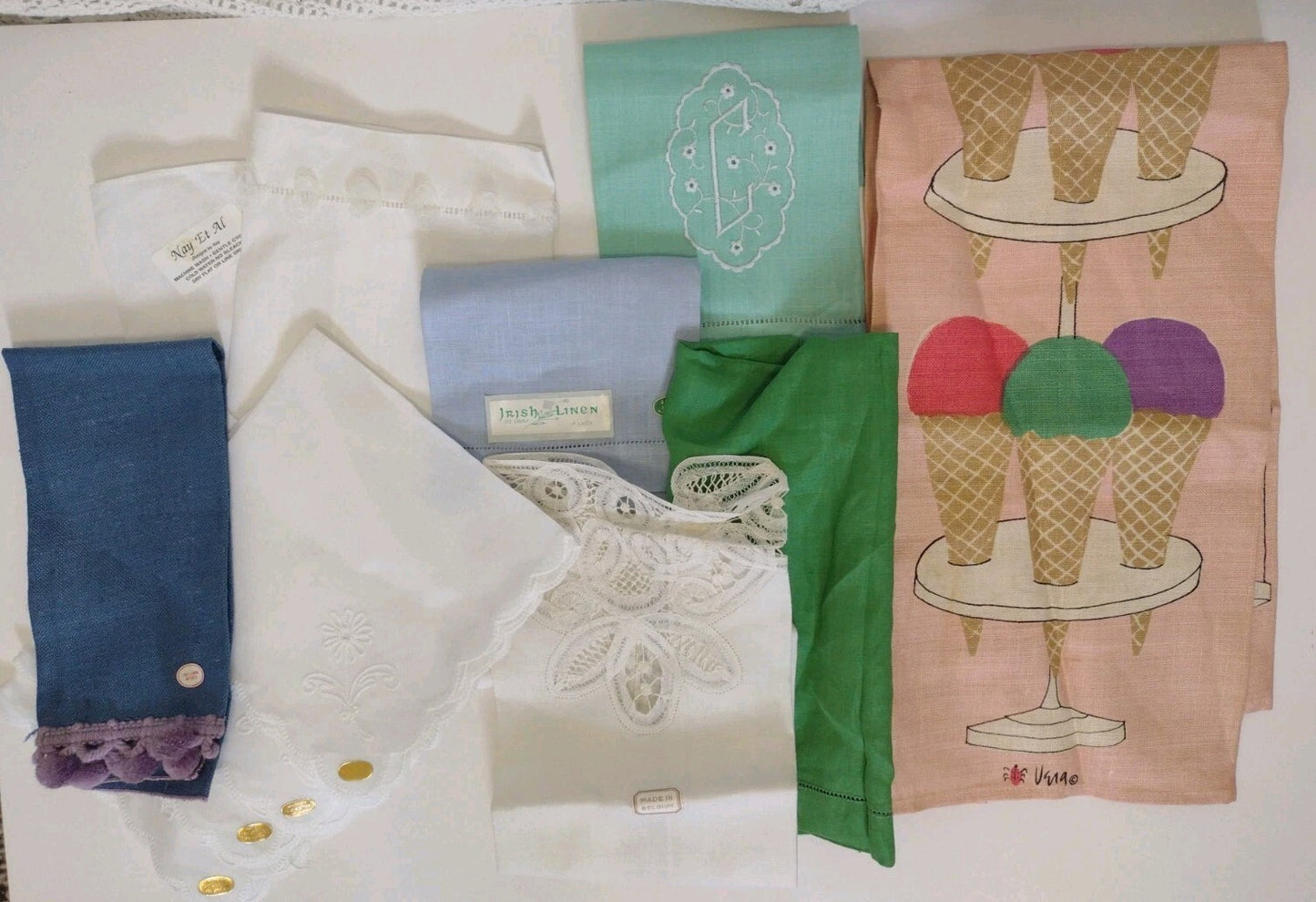 Vintage Linen Tea Towel Lot Vera Irish Belgium Swiss Cutwork Embroidered Kitchen