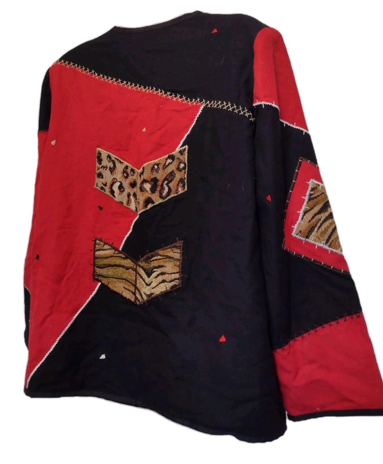 Indigo Moon Patchwork Art to Wear Jacket M Red Black Animal Print Spiral Buttons