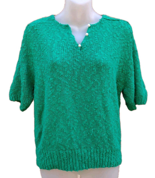 Vintage 80s Crystal‑Kobe Emerald Boucle Sweater Pearl Buttons Cottagecore M
