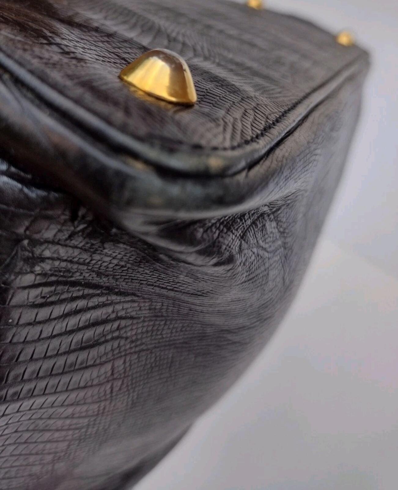 VTG 60s Zenith Canada Embossed Leather Lizard Look Handbag Black Brown Purse
