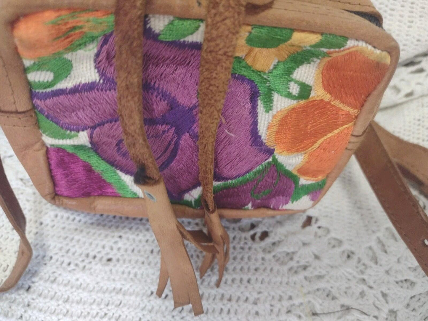 Vintage Handmade Embroidered Floral Leather Mini Backpack Boho Folk Art