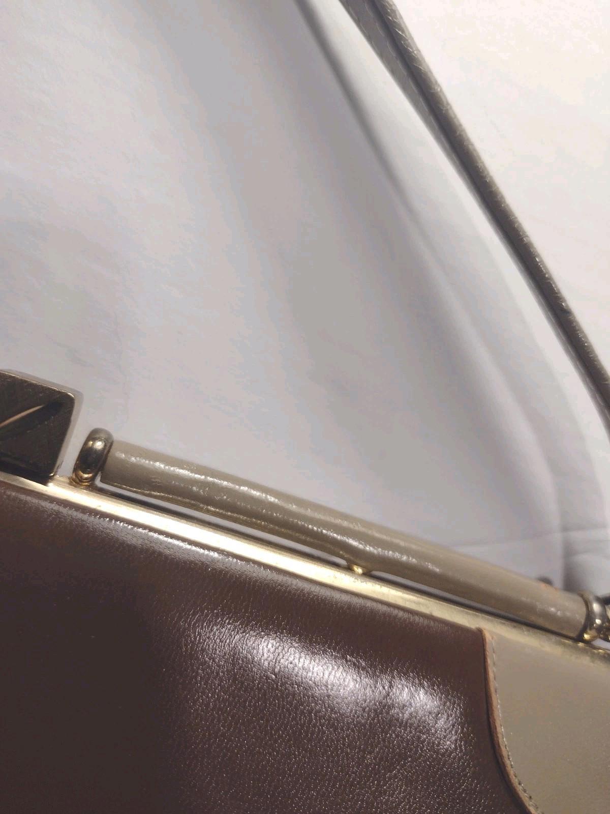 Vintage Johansen Two Tone Leather Frame Bag Brass Feet Top Handle 1950s Brown
