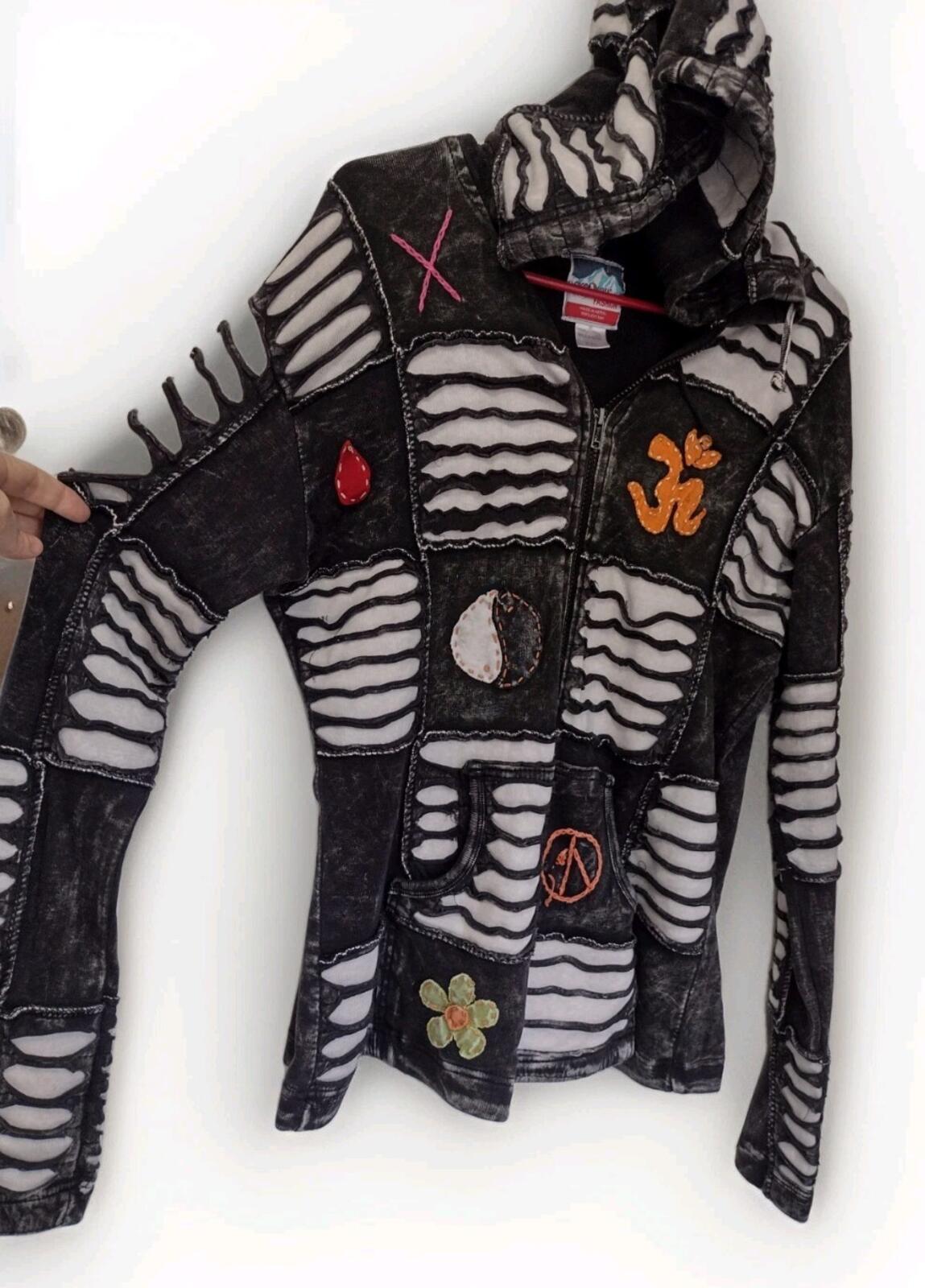 Gray Black Stonewashed Slashed Patchwork Pixie Hooded Jacket Sz XXL